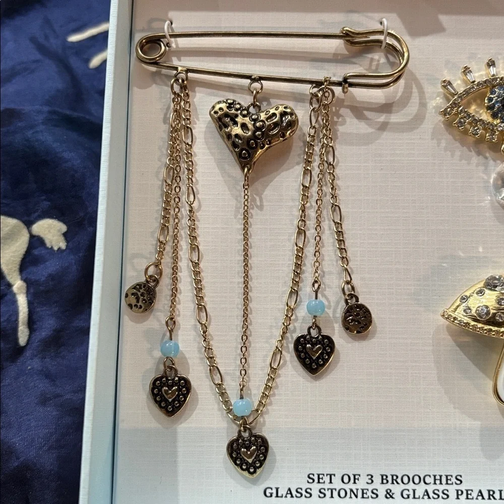 Brand New Piper K Set of 3 Brooches Glass Stones Pearl Evil Eye Hearts Mushroom